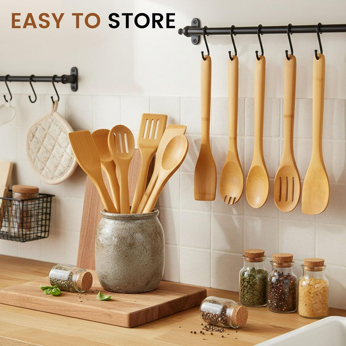 7-Piece Bamboo Kitchen Utensils Set, Wooden Spoons & Spatulas for Nonstick Cookware, Lightweight Heat-Resistant Cooking Tools with Comfortable Grip, Kitchen Gift Set