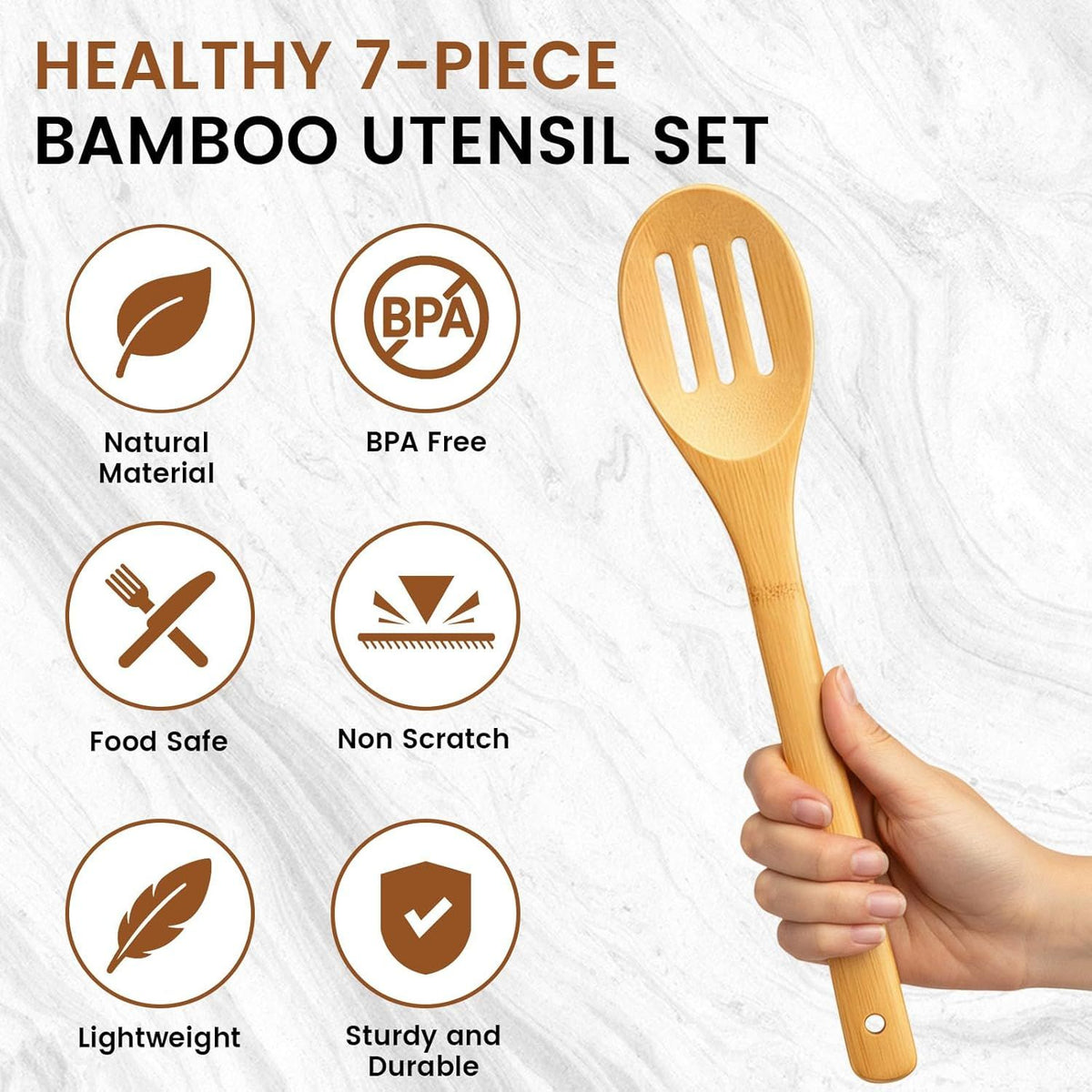 7-Piece Bamboo Kitchen Utensils Set, Wooden Spoons & Spatulas for Nonstick Cookware, Lightweight Heat-Resistant Cooking Tools with Comfortable Grip, Kitchen Gift Set