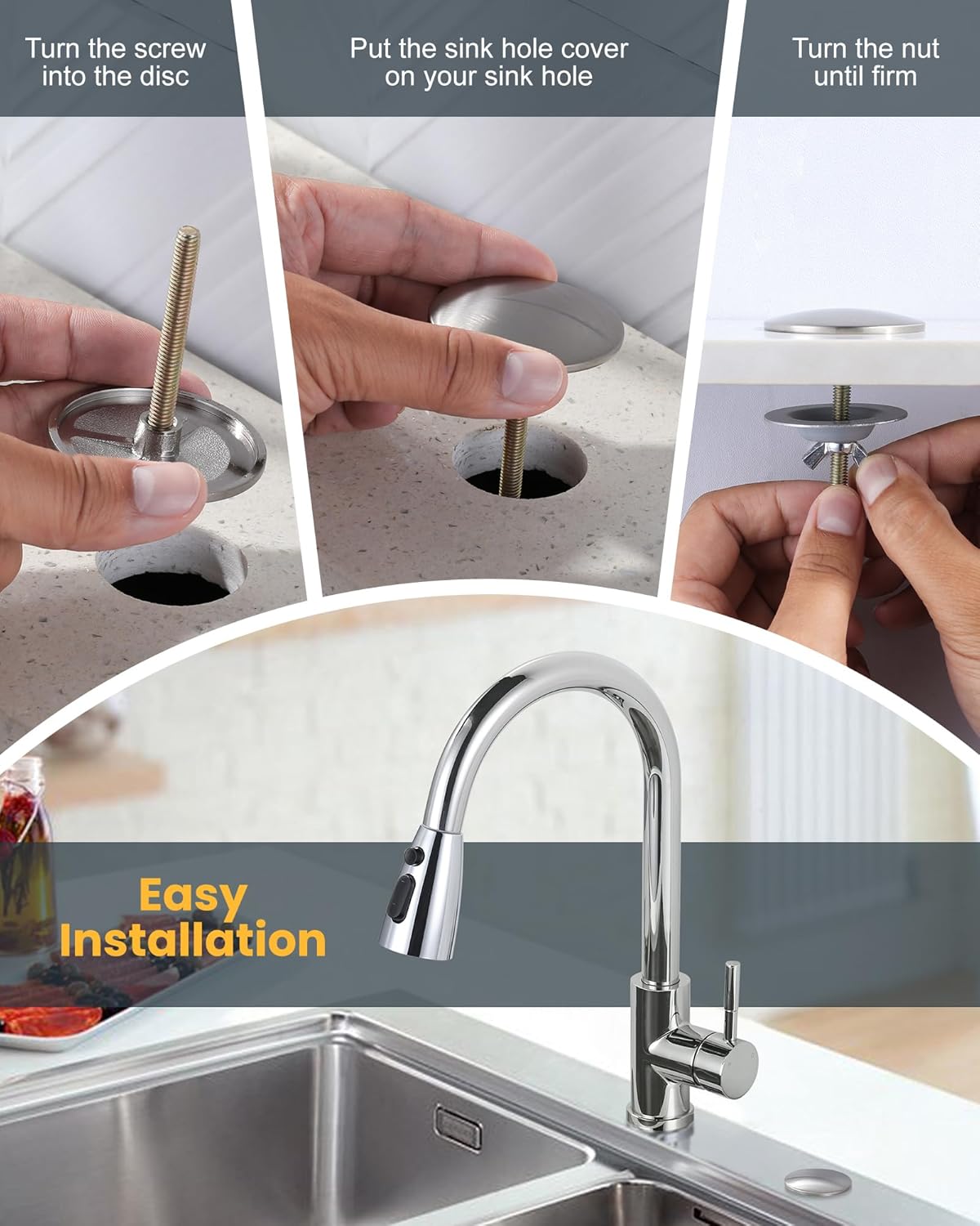 ALEASHA Kitchen Sink Hole Cover, Faucet Hole Cover for Kitchen Sink, Tap Hole Plate Stopper Cover Blanking Brass Metal Plug, Brushed Stainless Steel