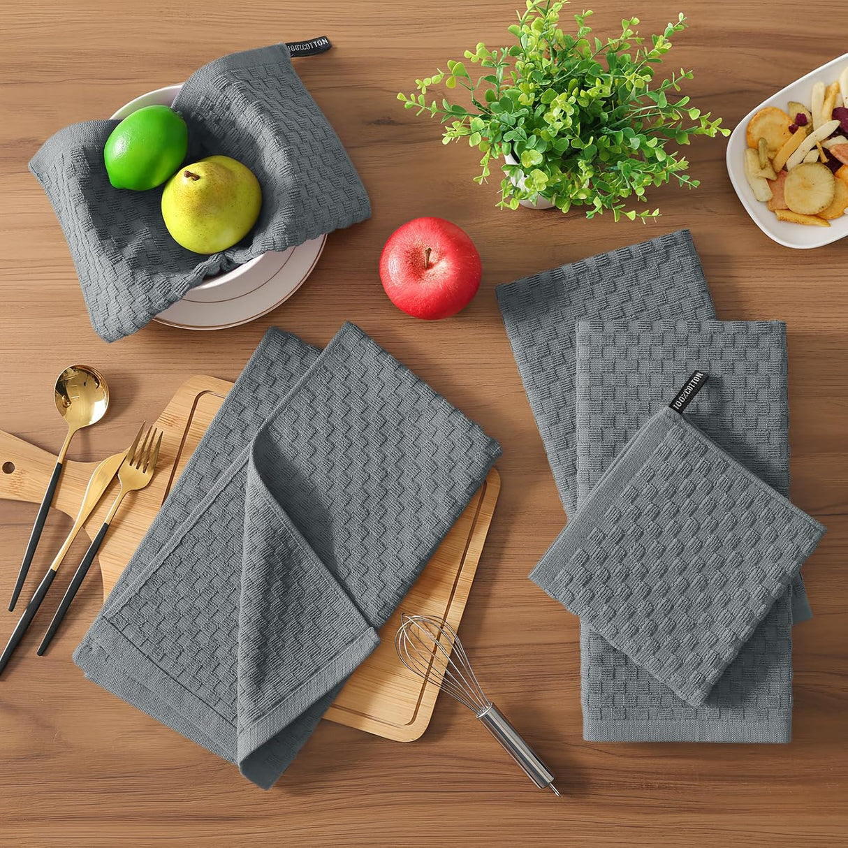 Homaxy 100% Cotton Terry Kitchen Towels(15" x 25", 6 Pack), Soft and Super Absorbent Dish Towels and 100% Cotton Kitchen Towels and Dishcloths Set(12 x 12 & 15 x 25 Inches, Set of 8 Bulk)