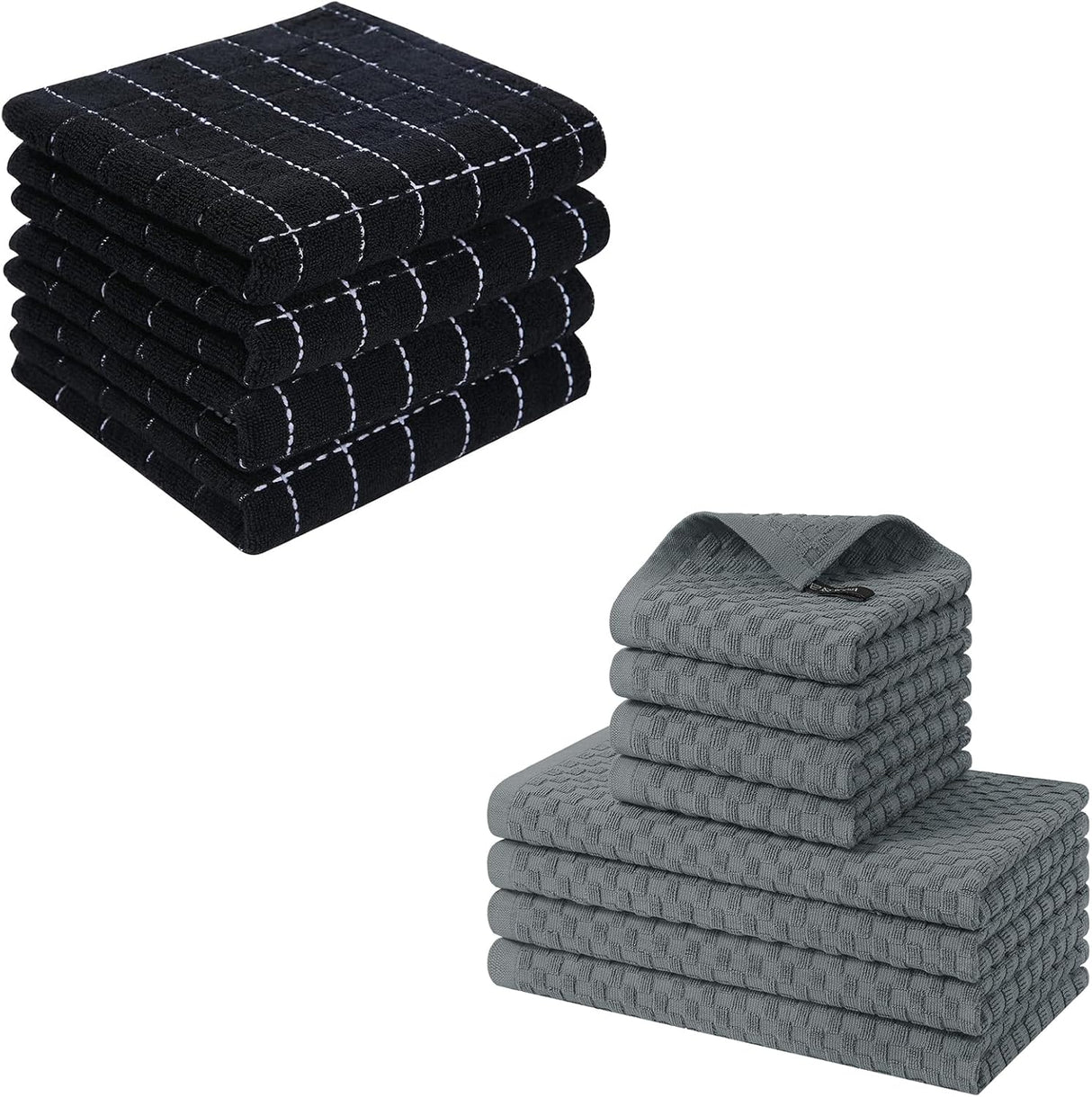 Homaxy 100% Cotton Terry Kitchen Towels(Black, 13 x 28 inches), Soft and Super Absorbent Dish Towels and Kitchen Towels and Dishcloths Set(12 x 12 & 15 x 25 Inches, Set of 8 Bulk)