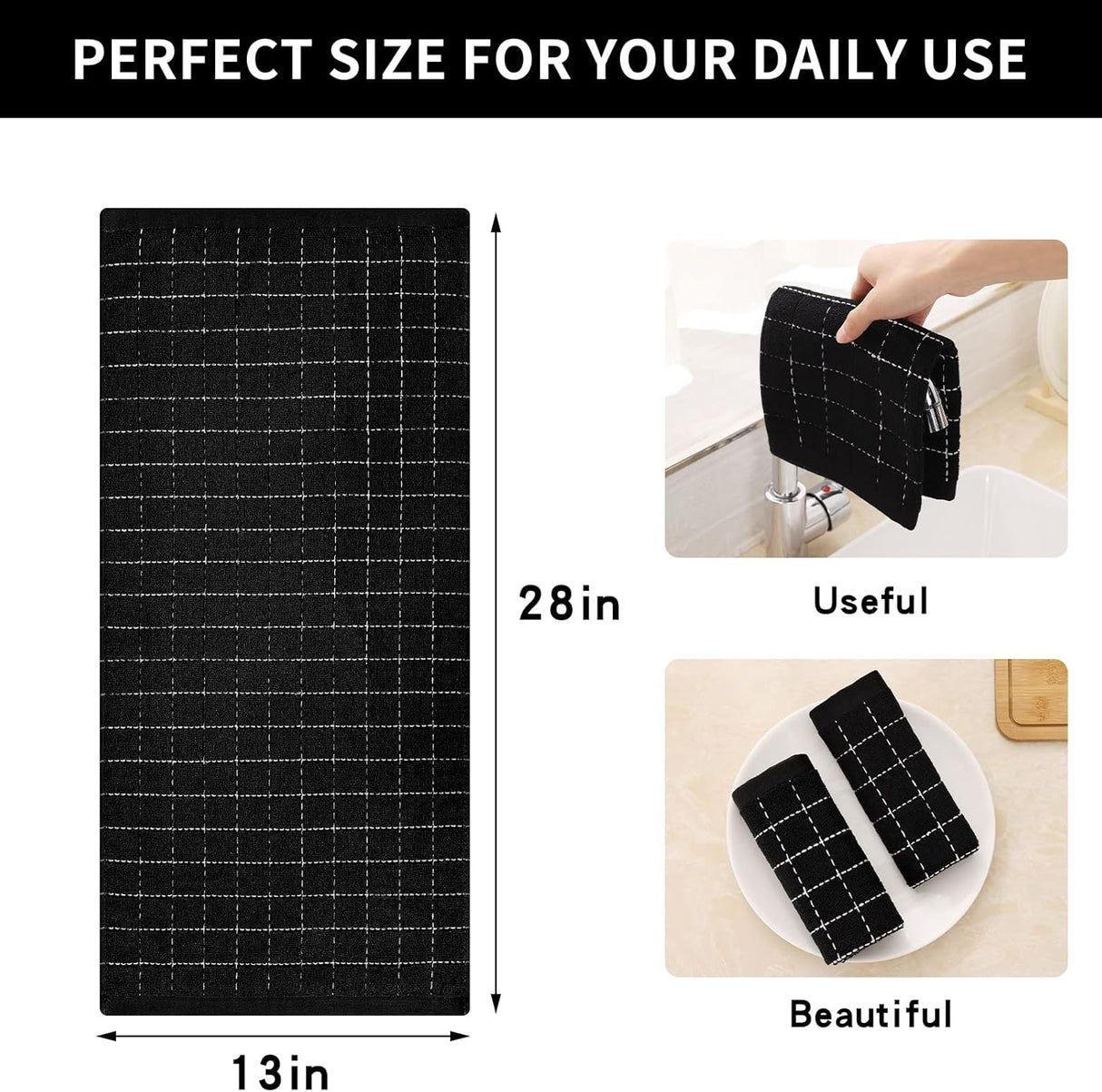 Homaxy 100% Cotton Terry Kitchen Towels(Black, 13 x 28 inches), Soft and Super Absorbent Dish Towels and Kitchen Towels and Dishcloths Set(12 x 12 & 15 x 25 Inches, Set of 8 Bulk)