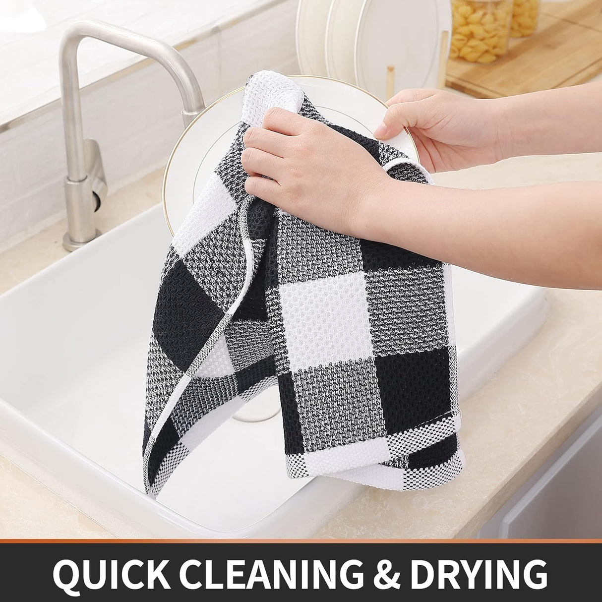 Homaxy Kitchen Towels and Dishcloths Set (12 x 12 and 13 x 28 Inches, 6 Pack, White & Black), Kitchen Towels and Dishcloths Set (16 x 25 and 12 x 12 Inches, 8 Pack, Blue/Yellow/Red/Green)