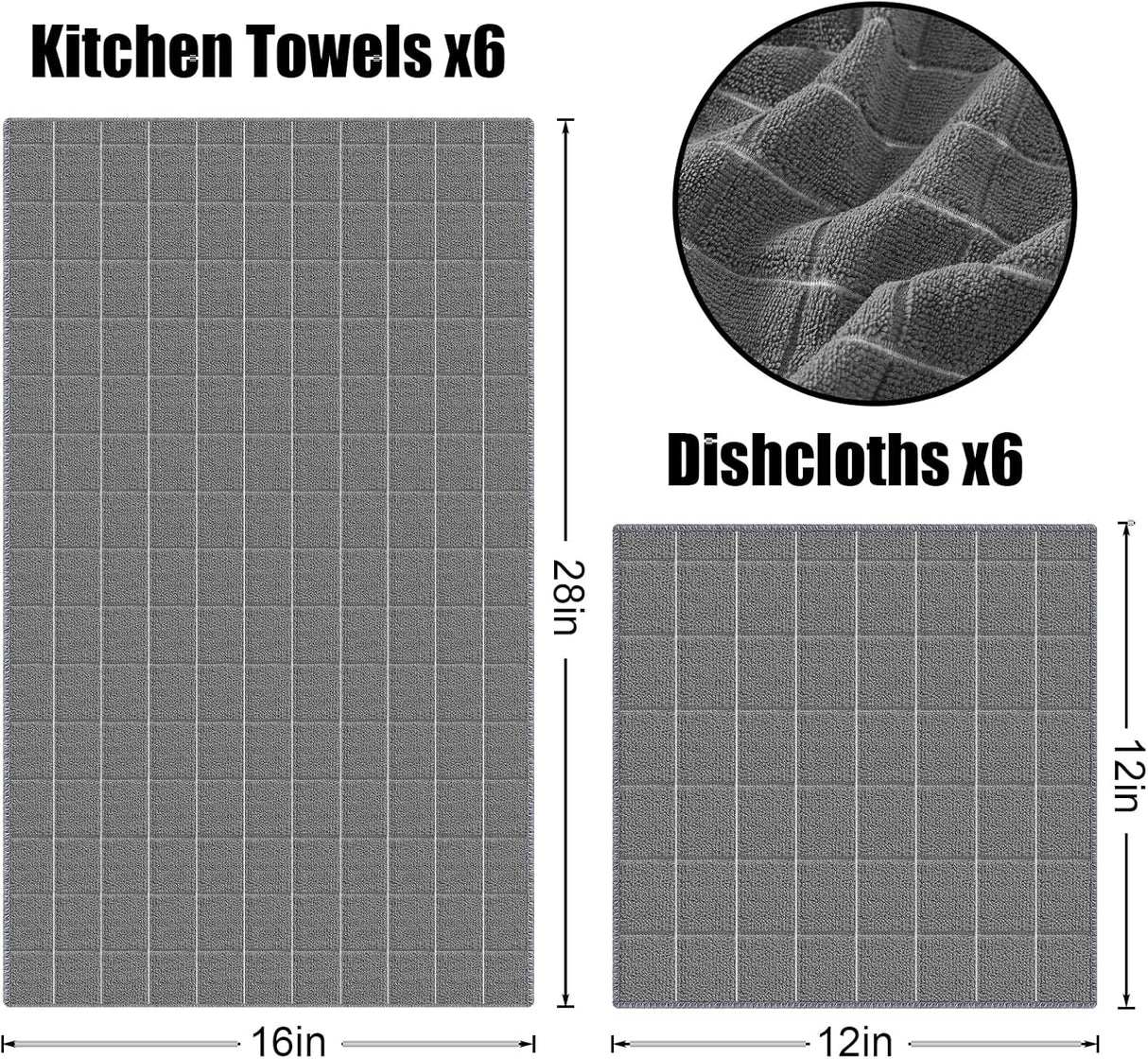 Homaxy Microfiber Kitchen Towels and Dishcloths Set, 12 Pack Soft and Absorbent Dish Hand Towels Bulk, 28 x 16 Inch & 12 x 12 Inch and Terry Kitchen Towels(15" x 25", 6 Pack, Dark Grey)