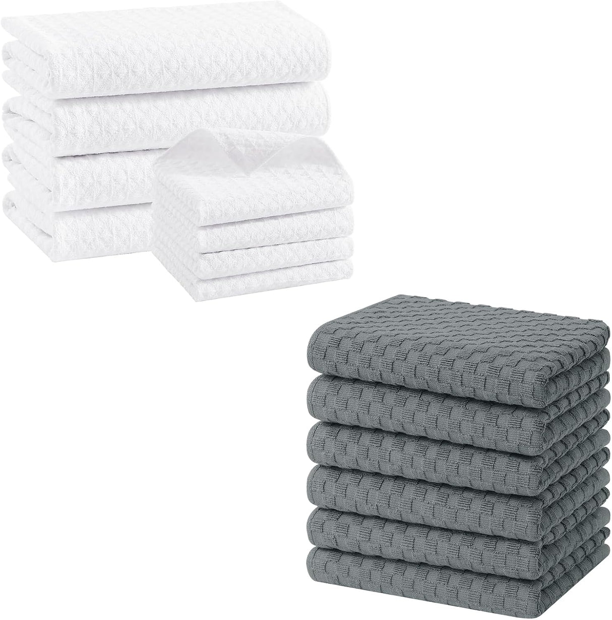 Homaxy Microfiber Waffle Weave Kitchen Towels Set(16 x 28 Inches and 12 X 12 Inches, 8 Pack, White) and Terry Kitchen Towels(15" x 25", 6 Pack, Dark Grey)