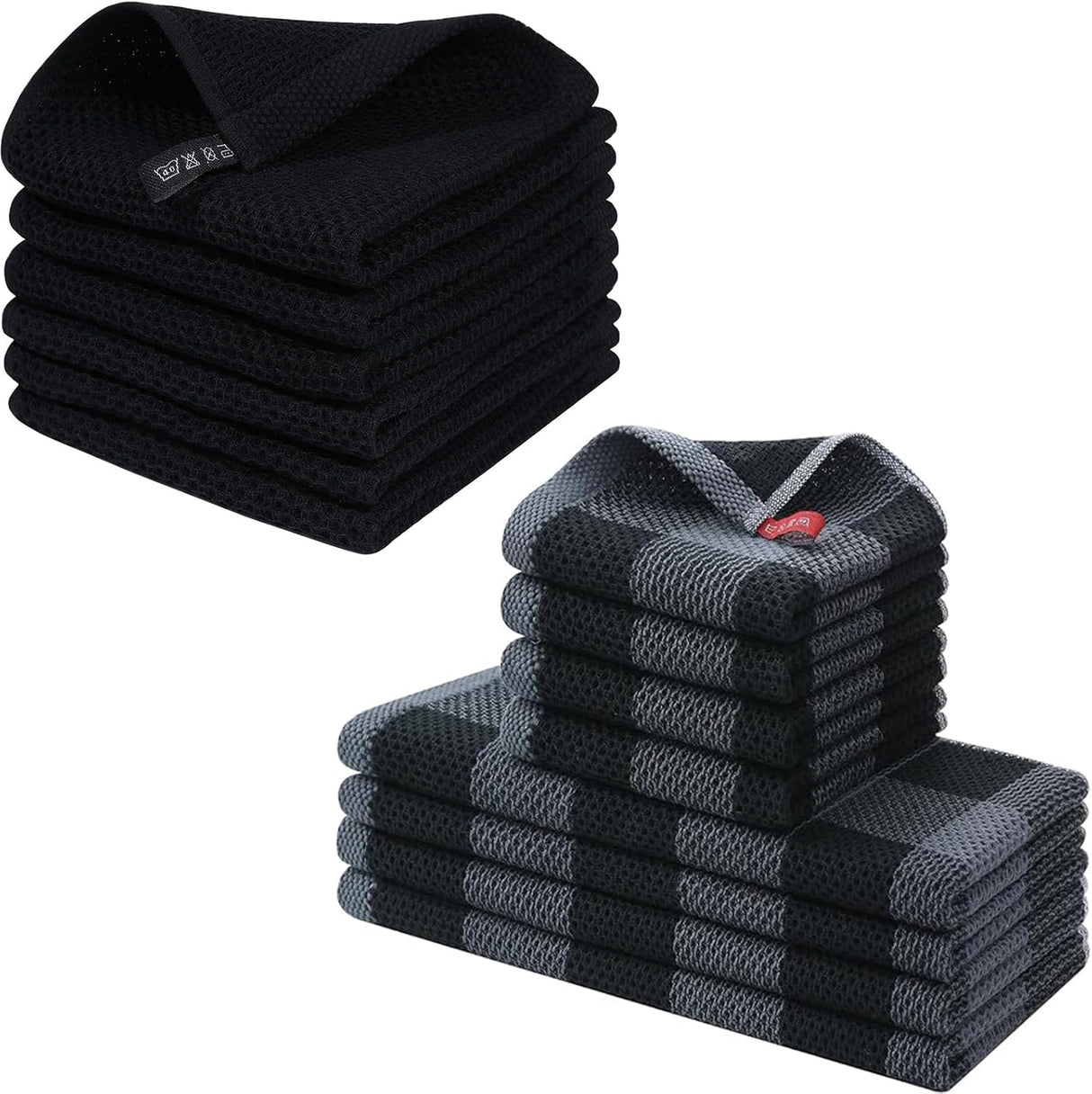 Homaxy 100% Cotton Waffle Weave Kitchen Dish Cloths, 12x12 Inches, 6-Pack, Black Kitchen Towels and Dishcloths Set, Black & Grey