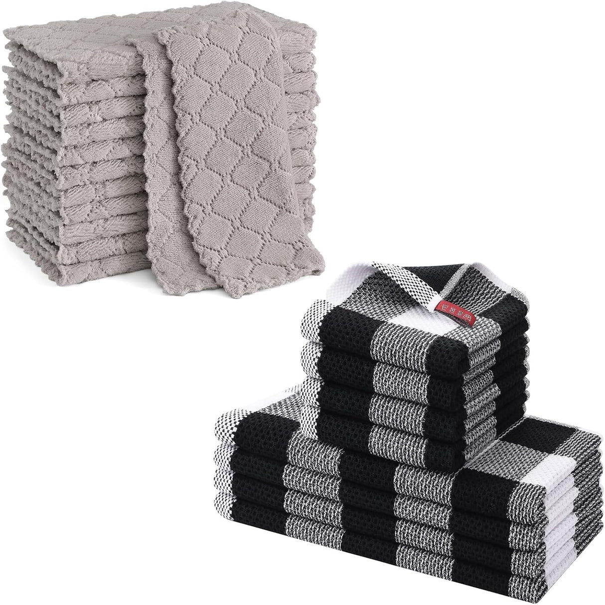 Homaxy 12 Pack Kitchen Dish Cloths (10 x 10 Inches, Grey) Kitchen Towels and Dishcloths Set, 12 x 12 and 13 x 28 Inches White & Black