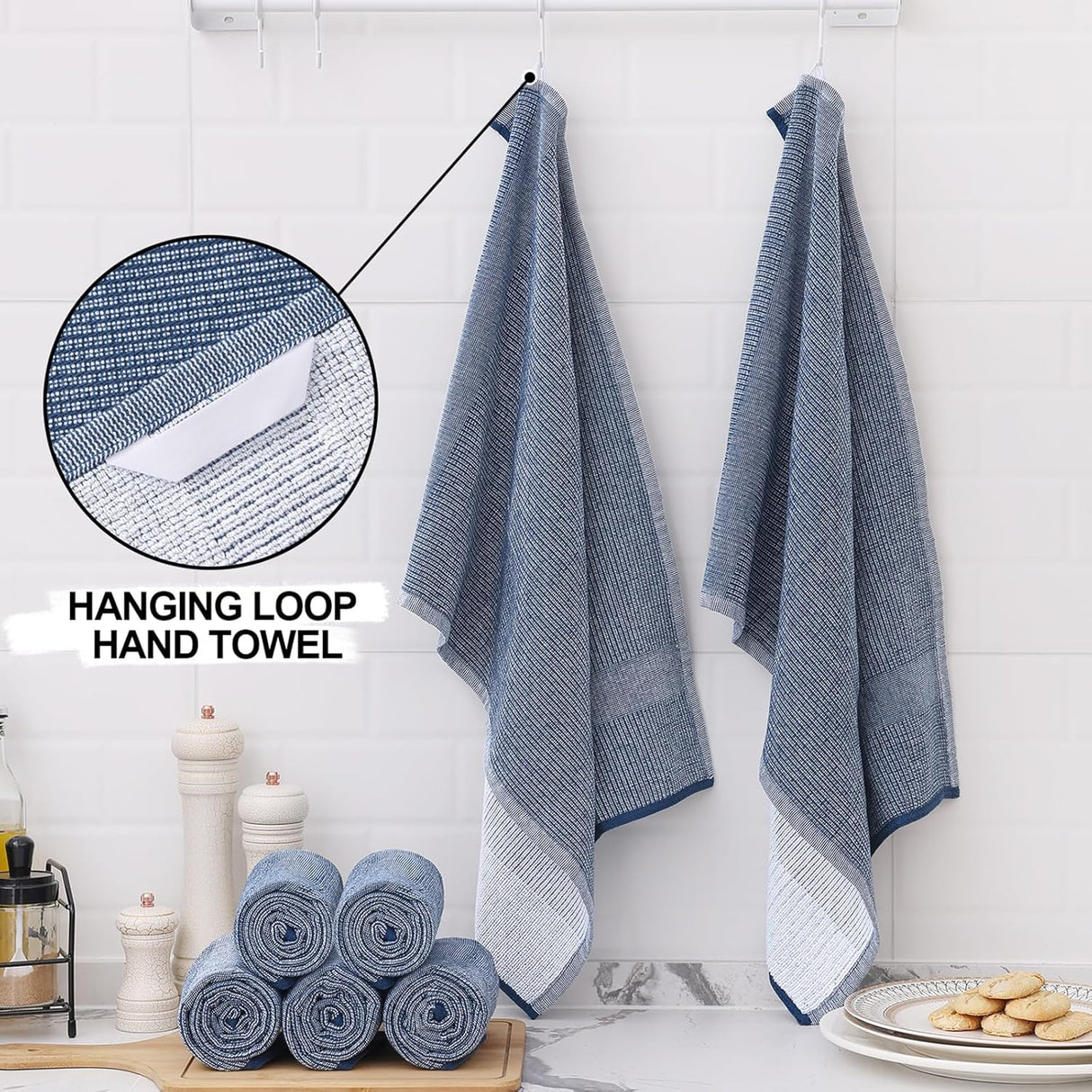Homaxy Set of 8 Bulk Cotton Terry Kitchen Towels Set, 12 x 12 and 13 x 28 Inches, Checkered Designed and Large Cotton Kitchen Hand Towels(18”x 28”, 6 Pack), Flat and Terry Dish Towels