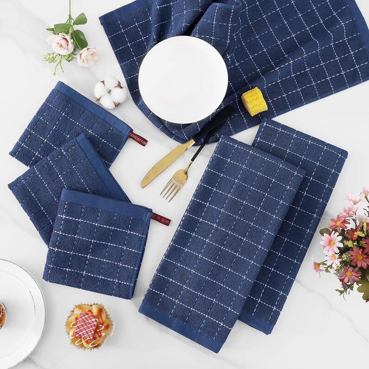 Homaxy Set of 8 Bulk Cotton Terry Kitchen Towels Set, 12 x 12 and 13 x 28 Inches, Checkered Designed and Large Cotton Kitchen Hand Towels(18”x 28”, 6 Pack), Flat and Terry Dish Towels