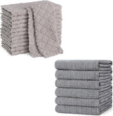 Homaxy 12 Pack Kitchen Dish Cloths (10 x 10 Inches, Grey) and Large Cotton Kitchen Hand Towels(18”x 28”, 6 Pack), Flat and Terry Dish Towels