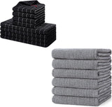 Homaxy Set of 8 Bulk Cotton Terry Kitchen Towels Set, 12 x 12 and 13 x 28 Inches, Checkered Designed and Large Cotton Kitchen Hand Towels(18”x 28”, 6 Pack), Flat and Terry Dish Towels