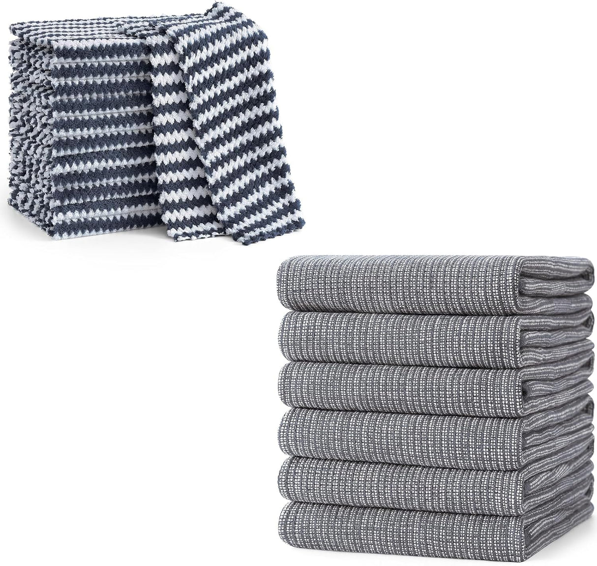 Homaxy 12 Pack Coral Velvet Wave Design Lint Free Kitchen Dish Cloths(10 x 10 inches) and Large Cotton Kitchen Hand Towels(18”x 28”, 6 Pack), Flat and Terry Dish Towels