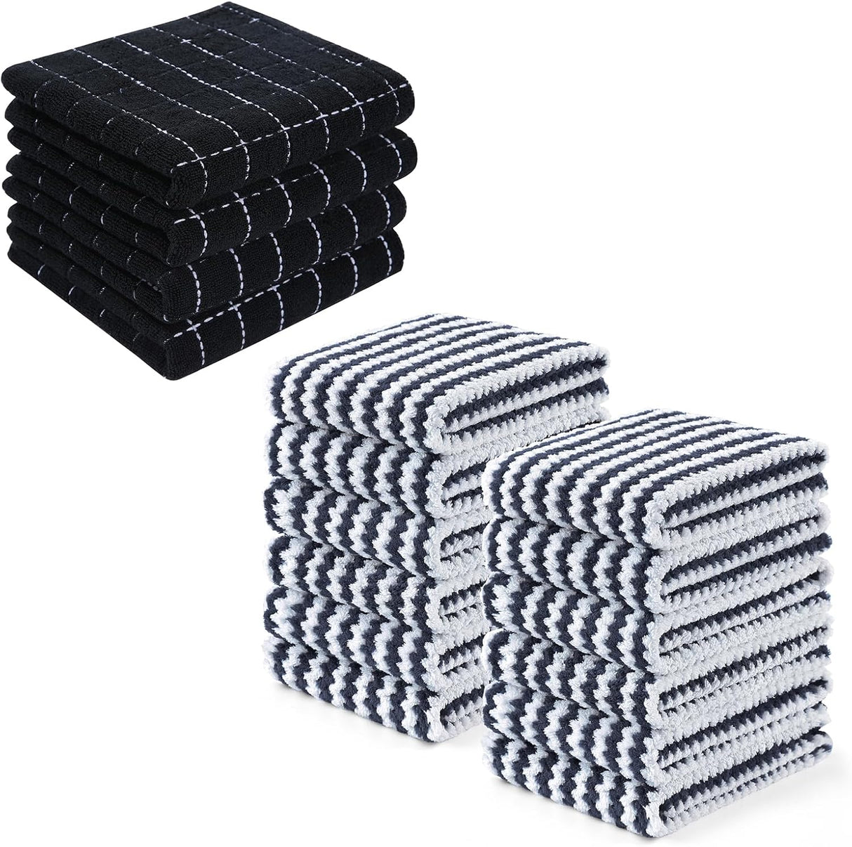 Homaxy 100% Cotton Terry Kitchen Towels(Black, 13 x 28 inches,4 Pack) and Wavy Coral Velvet Kitchen Dish Cloths(Dark Grey, 10 x 20 inches, 12 Pack),Soft and Super Absorbent Dish Towels