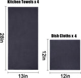 Homaxy 100% Cotton Kitchen Towels and Dishcloths Set(Dark Grey, 8-Pack) and Terry Kitchen Towels(Black, 13 x 28 inches, 4 Pack), Checkered Designed, Ultra Soft Absorbent Dish Towels