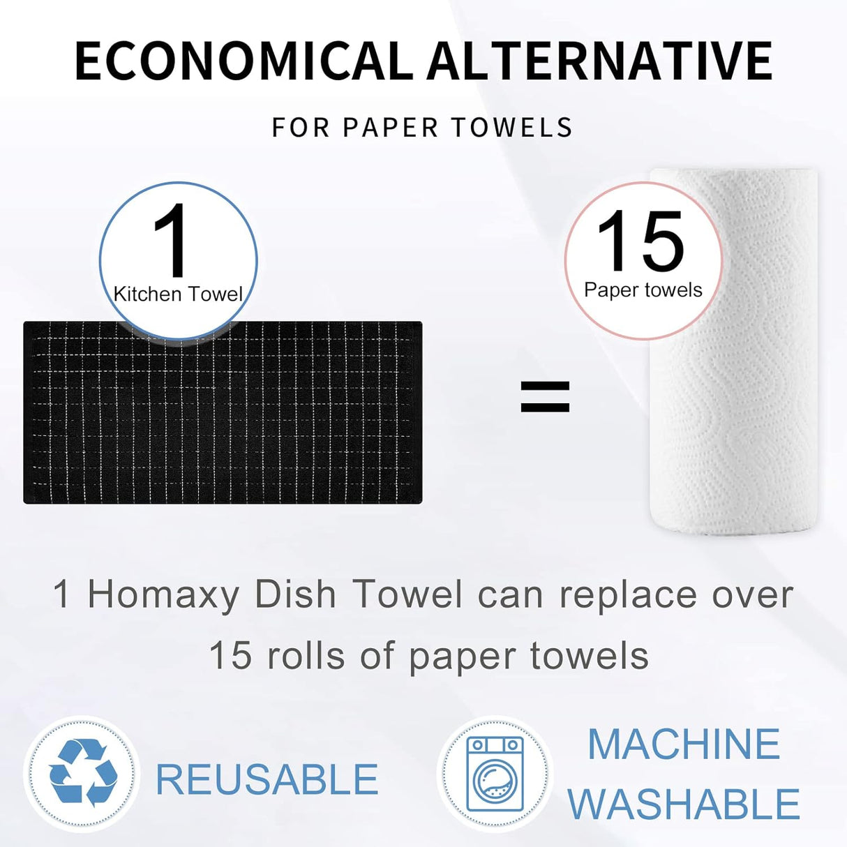 Homaxy 100% Cotton Kitchen Towels and Dishcloths Set(Dark Grey, 8-Pack) and Terry Kitchen Towels(Black, 13 x 28 inches, 4 Pack), Checkered Designed, Ultra Soft Absorbent Dish Towels