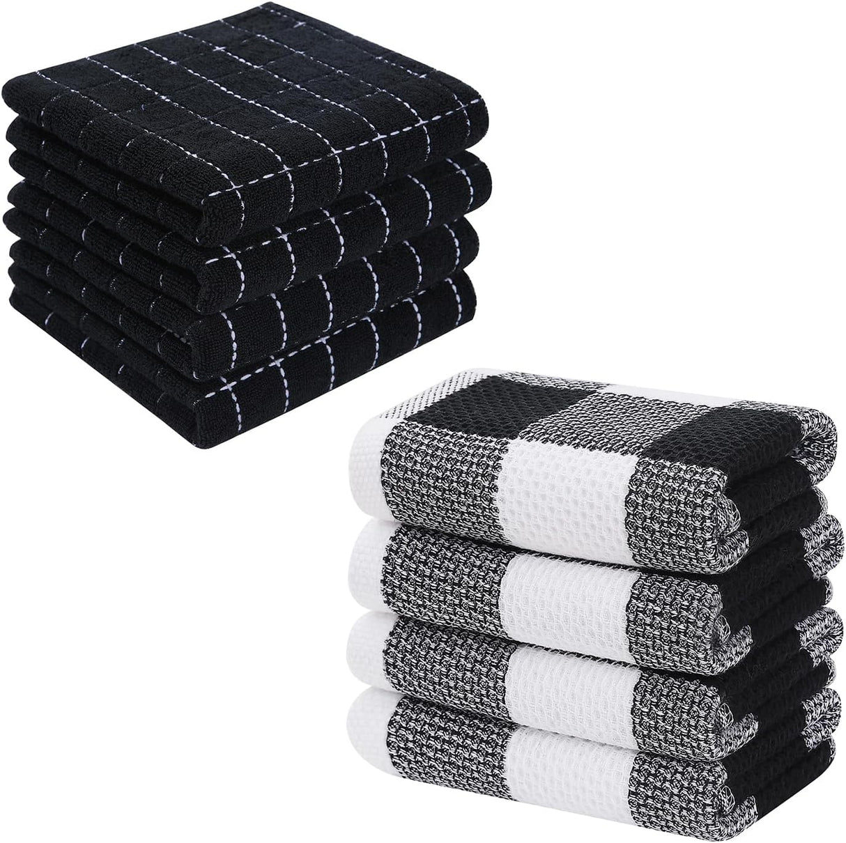 Homaxy 100% Cotton Terry Kitchen Towels and Check Kitchen Towels, 13 x 28 Inches, Set of 8 Super Soft and Absorbent Dish Towels, Black and White & Black