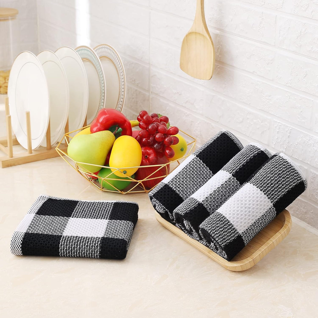Homaxy 100% Cotton Terry Kitchen Towels and Check Kitchen Towels, 13 x 28 Inches, Set of 8 Super Soft and Absorbent Dish Towels, Black and White & Black