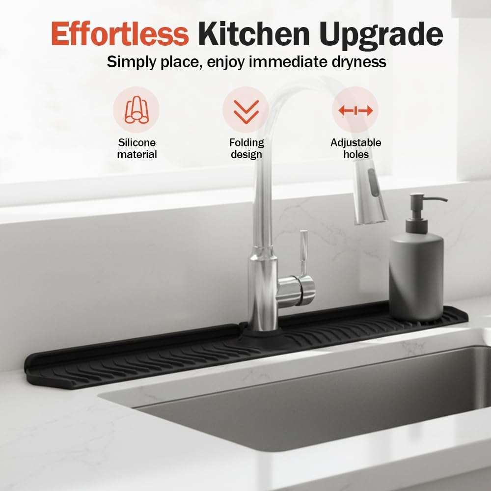 Kitchen Sink Faucet Mat, 30in Extra Long Foldable Silicone Faucet Guard & Splash Guard, 2026 Multi-Functional Draining Mat to Keep Countertops Dry, Protect Backsplash from Splash (Grey)