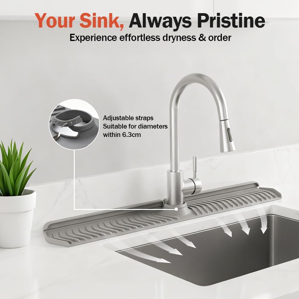 Kitchen Sink Faucet Mat, 30in Extra Long Foldable Silicone Faucet Guard & Splash Guard, 2026 Multi-Functional Draining Mat to Keep Countertops Dry, Protect Backsplash from Splash (Grey)
