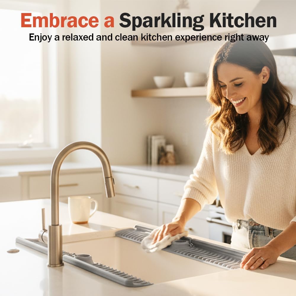 Kitchen Sink Faucet Mat, 30in Extra Long Foldable Silicone Faucet Guard & Splash Guard, 2026 Multi-Functional Draining Mat to Keep Countertops Dry, Protect Backsplash from Splash (Grey)