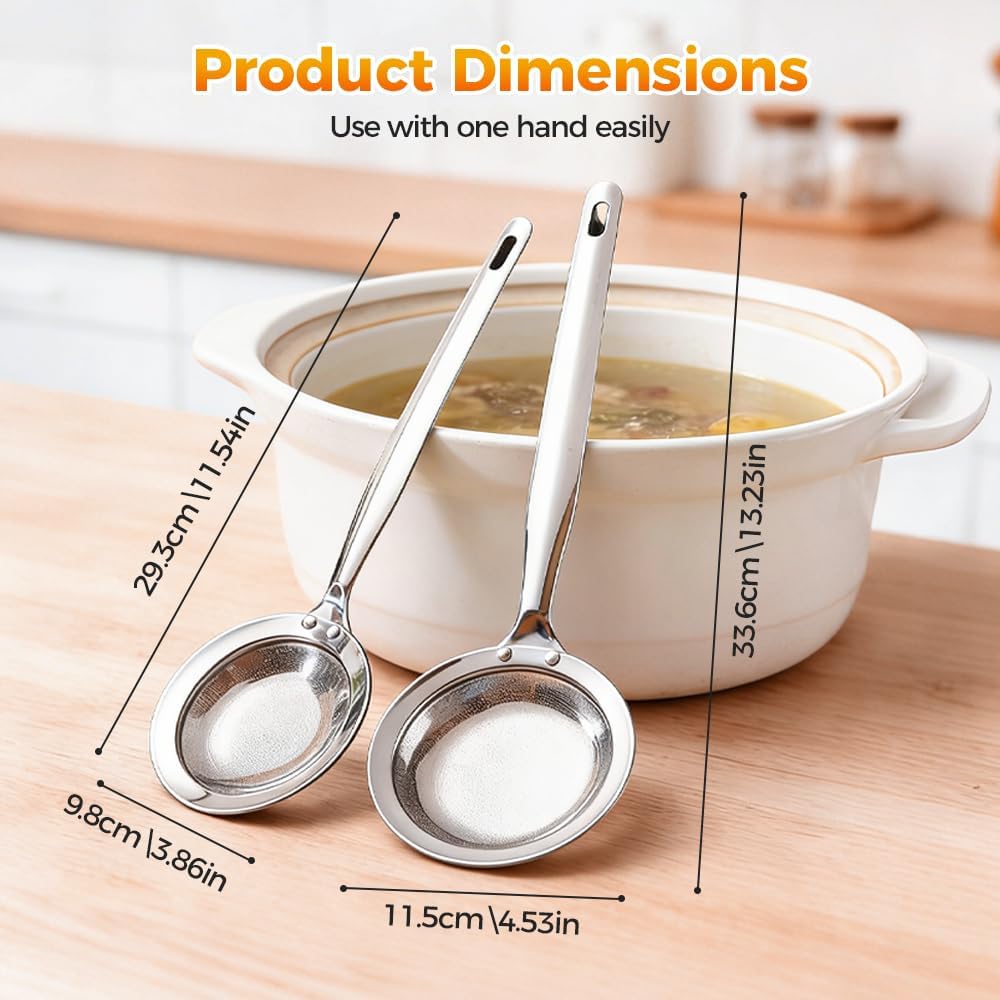 Fine-Mesh Kitchen Strainer - 2026 Upgraded Stainless Steel Sieve with Handle, Multi-Purpose Strainer for Cooking, Baking & Liquid Filtering, Oil Skimming Spoon, Kitchen Tool (Small)