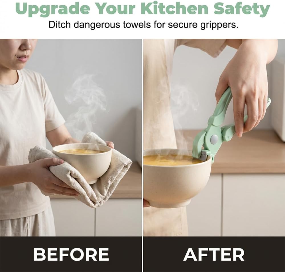 4-Piece Hot Plate Gripper Set, Anti-Scalding Kitchen Bowl Gripper with Silicone Pads, Stainless Steel Clips & Mini Gloves, Holder Tongs for Microwave, Air Fryer, Oven, Steamer (Green)