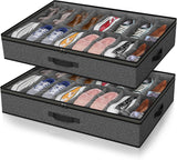 Under Bed Shoe Storage Organizer for Closet, Fits 32 Pairs Underbed Shoes Box Storage Containers Under the Bed Storage Foldable with Sturdy Handles&Clear Window for College Dorms Grey, Set of 2