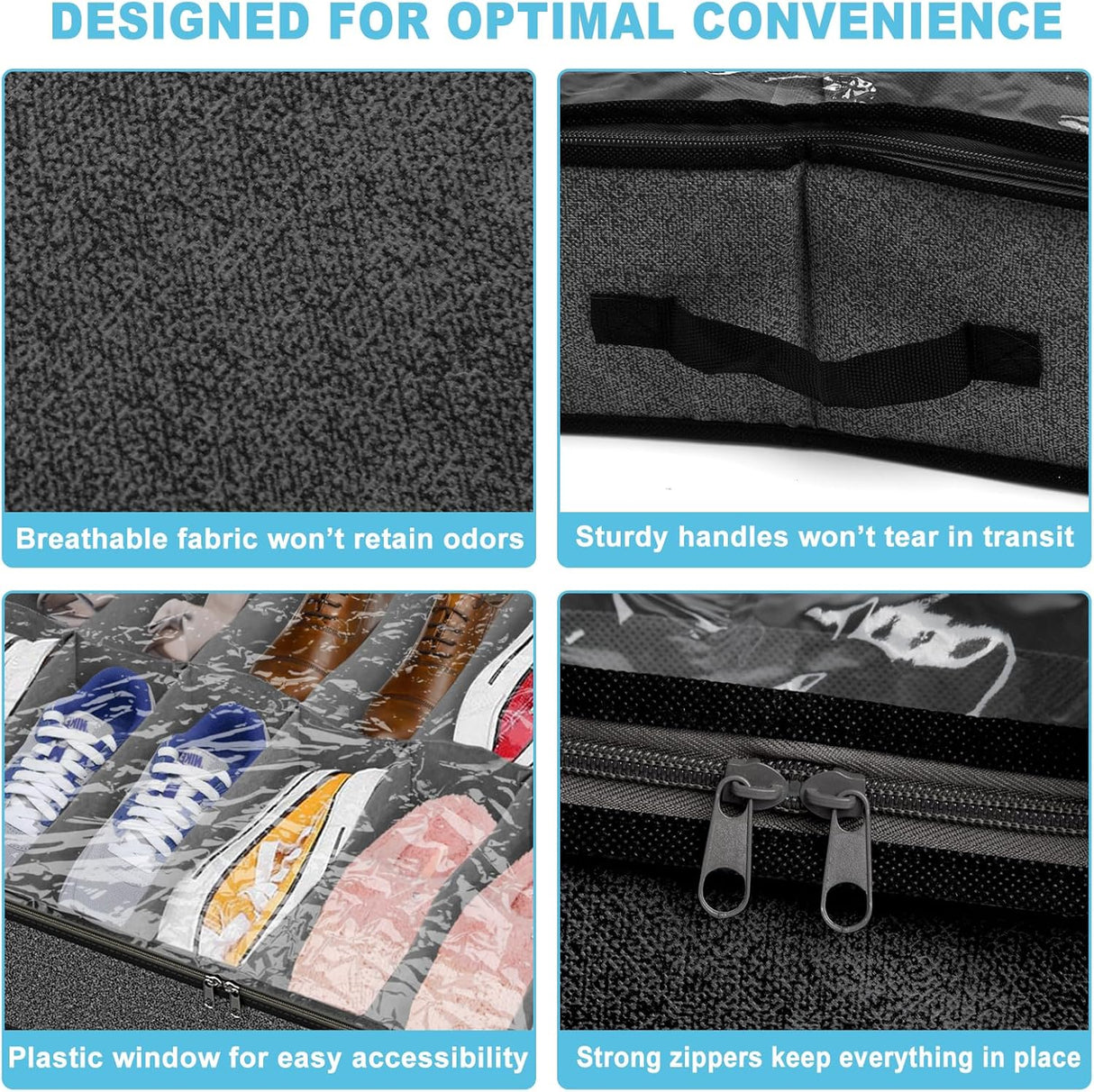 Under Bed Shoe Storage Organizer for Closet, Fits 32 Pairs Underbed Shoes Box Storage Containers Under the Bed Storage Foldable with Sturdy Handles&Clear Window for College Dorms Grey, Set of 2