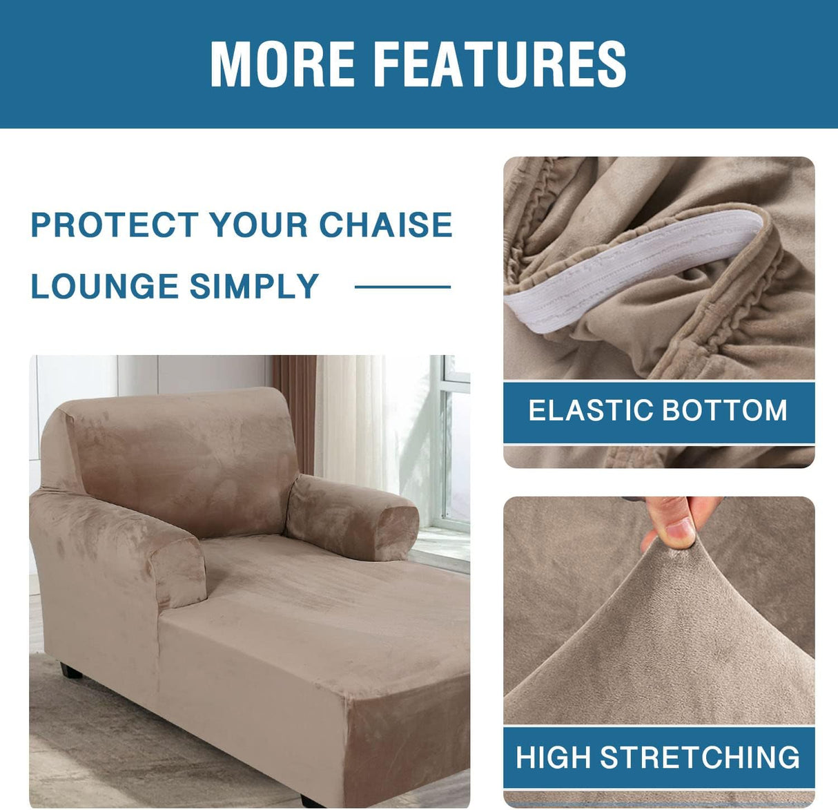 Velvet Chaise Lounge Cover - High Stretch Slipcovers for Living Room, Luxury Velvet Dog Covers, Machine Washable, Taupe