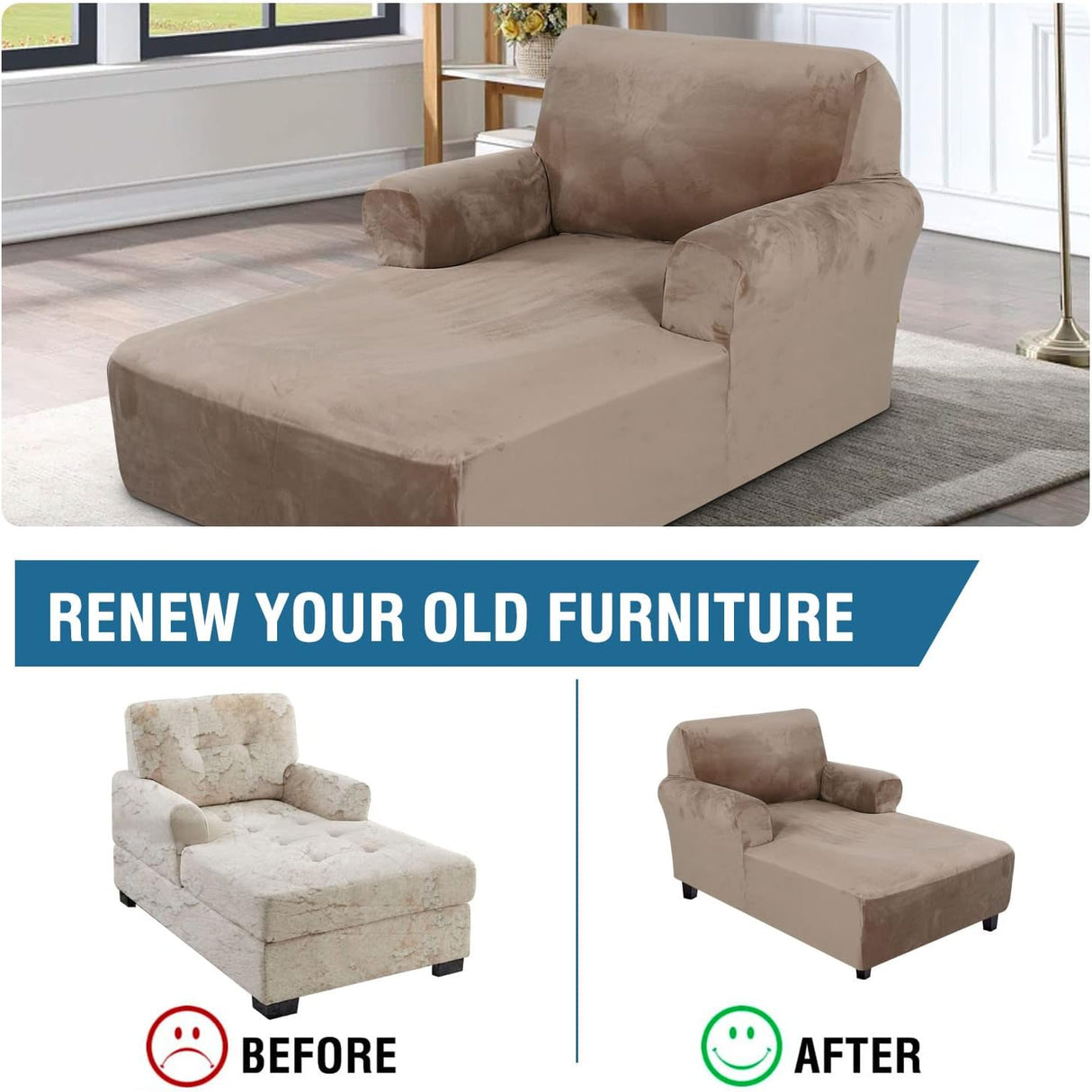 Velvet Chaise Lounge Cover - High Stretch Slipcovers for Living Room, Luxury Velvet Dog Covers, Machine Washable, Taupe