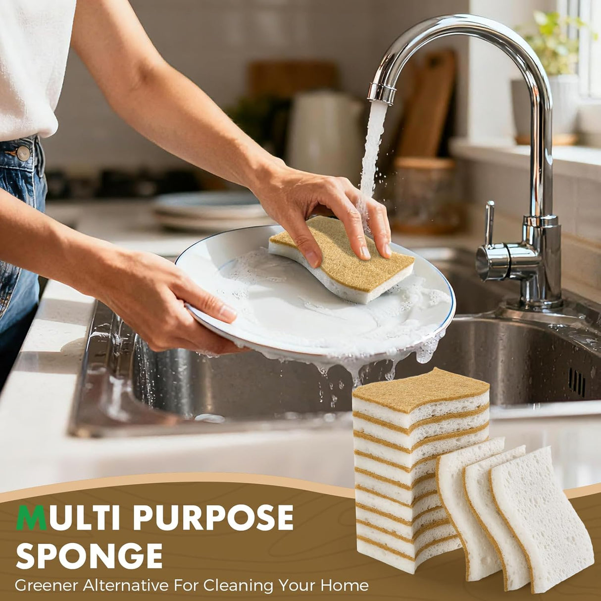 12 Pack Natural Biodegradable Kitchen Non Scratch Sponges,Compostable Plant Based Coconut Cellulose Sponge,Eco Friendly Reusable Dish Scrubber Sponge for Pots, Pans & Household Cleaning