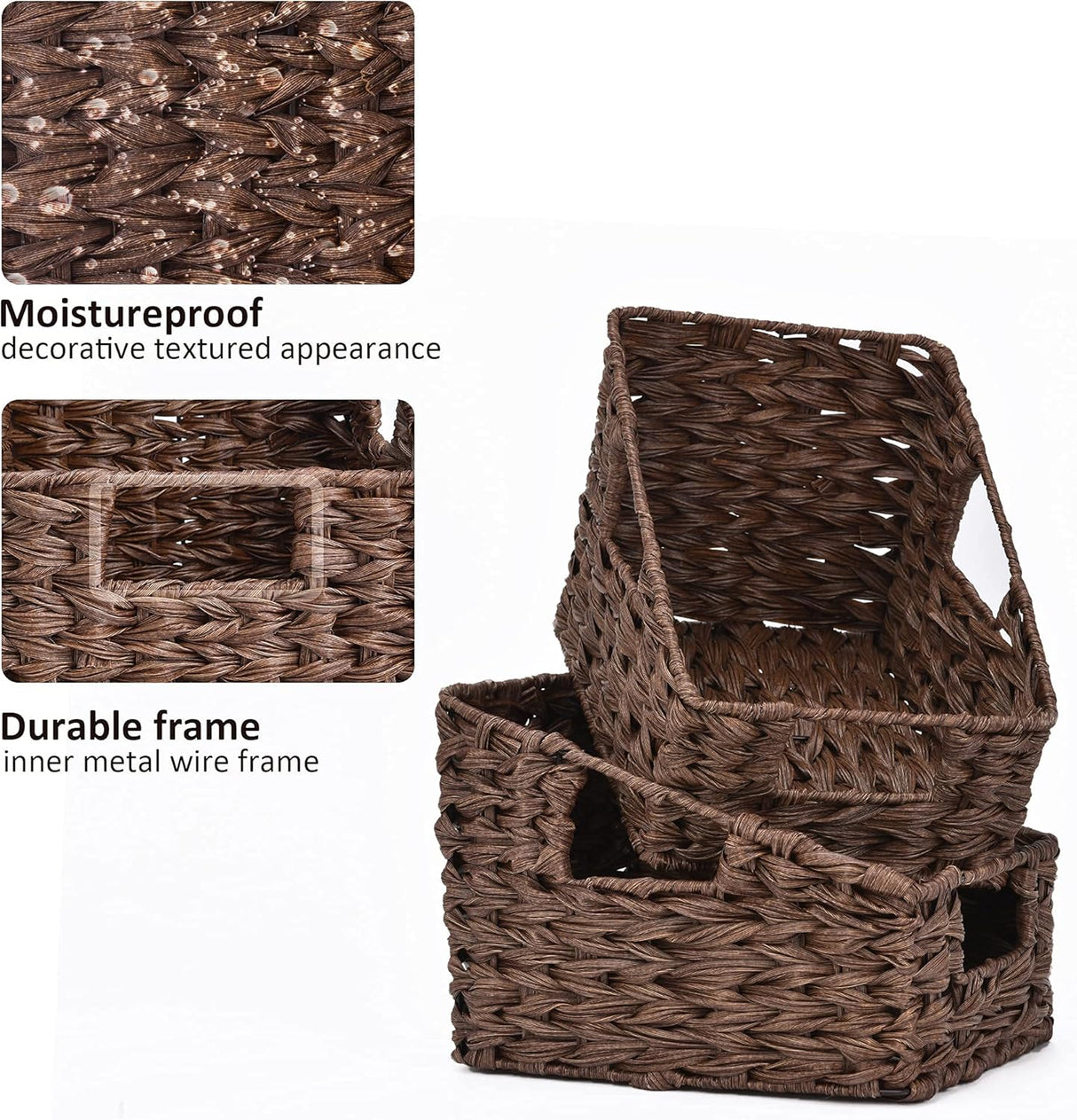 Wicker Storage Baskets, Waterproof Wicker Basket with Handles, Trapezoid Woven Storage Bins for Organizing, Decorative Basket, Brown, 2-Pack