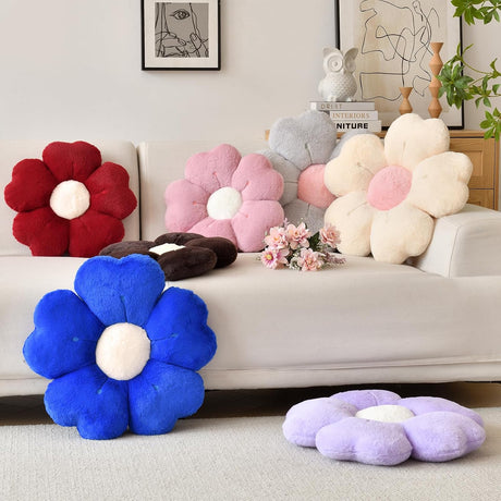 Flower Shaped Pillow, Cute Decorative Throw Pillow with Soft Artificial Rabbit Fur for Couch Bed Chair Floor, Flower Pillows Seating Cushions with Room Décor for Bedroom Living Room (14.9" Lavender)