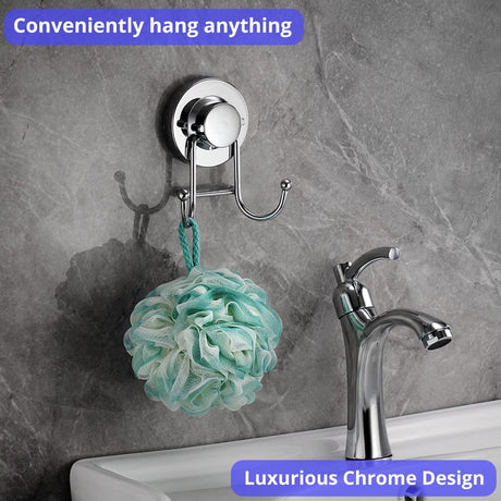 Suction Cup Hooks for Shower, Bathroom, Kitchen, Glass Door, Mirror, Tile – Loofah, Towel, Coat, Bath Robe Hook Holder for Hanging up to 15 lbs – Rustproof Chrome Stainless Steel (2-Pack)