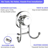 Suction Cup Hooks for Shower, Bathroom, Kitchen, Glass Door, Mirror, Tile – Loofah, Towel, Coat, Bath Robe Hook Holder for Hanging up to 15 lbs – Rustproof Chrome Stainless Steel (2-Pack)