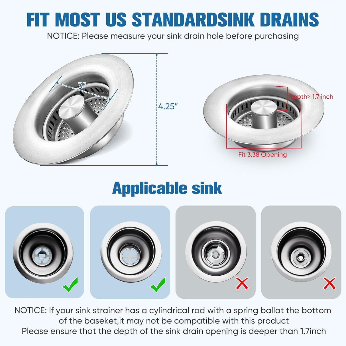 Sink Drain Strainer Kitchen Sink Drain Strainer&Sink Stopper,Stainless Steel Pop up Sink Drain Strainer,Anti-Clogging Basket Strainer,High Durability with Brass Core,Fit 3-1/2",Chrome