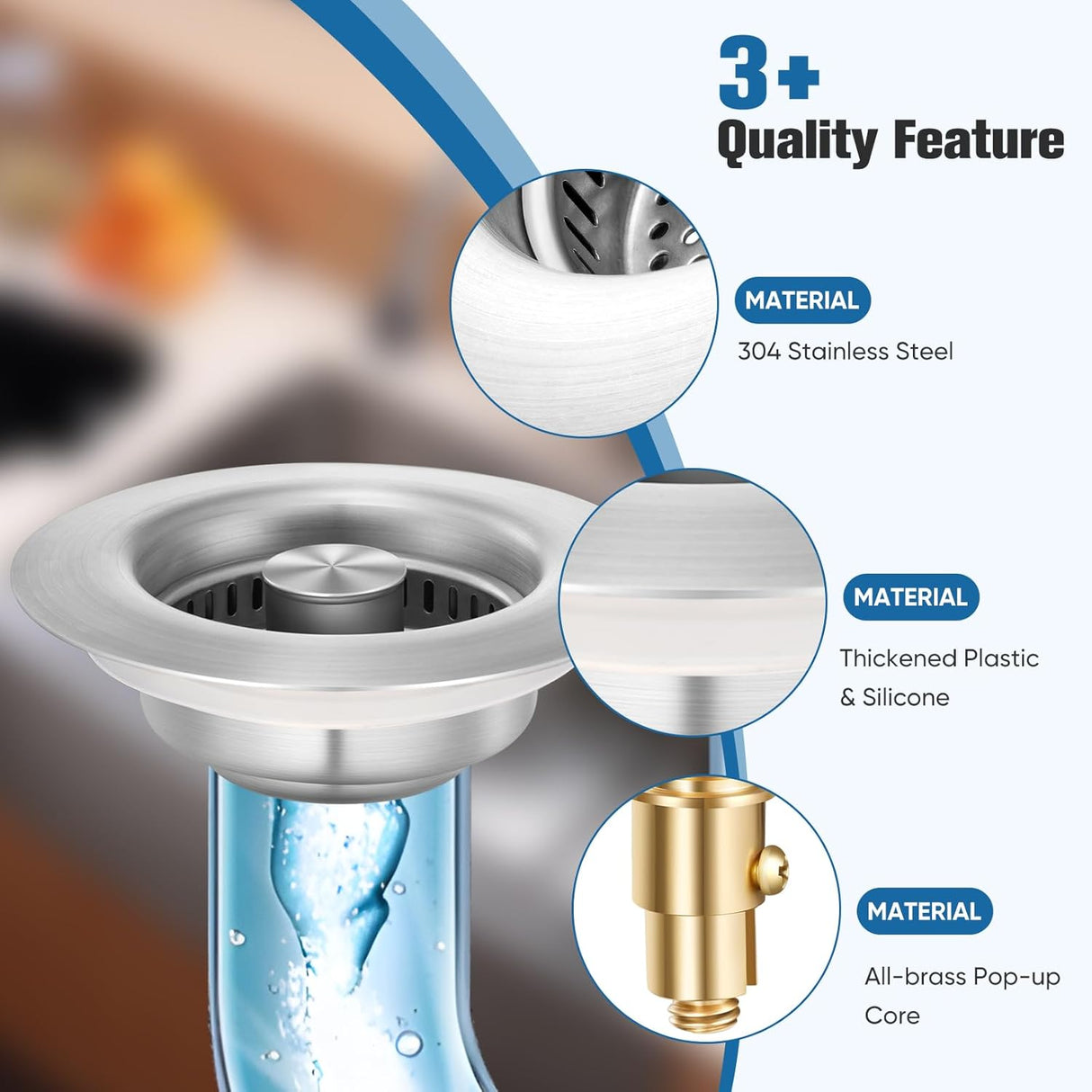 Sink Drain Strainer Kitchen Sink Drain Strainer&Sink Stopper,Stainless Steel Pop up Sink Drain Strainer,Anti-Clogging Basket Strainer,High Durability with Brass Core,Fit 3-1/2",Chrome