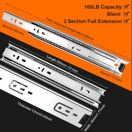 14 inch Drawer Slides 4 Pairs (8pcs) 3 fold Full Extension Side Mount Cabinet Drawer Glides 14" Silver Cabinet Rails for Dresser, Cabinet, Kitchen,Trash Can, Wardrobe 100 LB Capacity