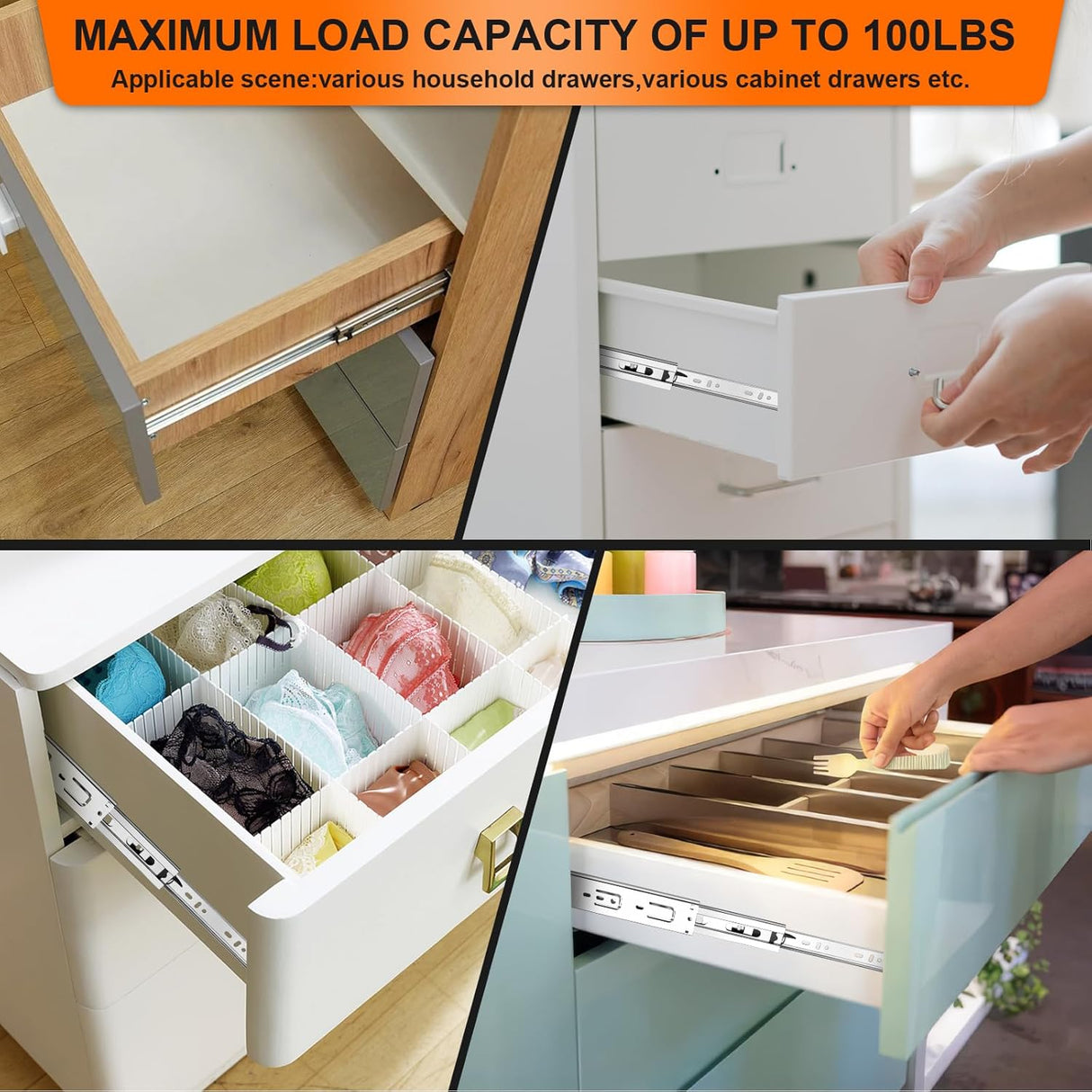 14 inch Drawer Slides 4 Pairs (8pcs) 3 fold Full Extension Side Mount Cabinet Drawer Glides 14" Silver Cabinet Rails for Dresser, Cabinet, Kitchen,Trash Can, Wardrobe 100 LB Capacity
