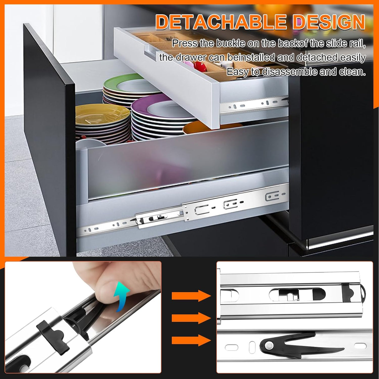 14 inch Drawer Slides 4 Pairs (8pcs) 3 fold Full Extension Side Mount Cabinet Drawer Glides 14" Silver Cabinet Rails for Dresser, Cabinet, Kitchen,Trash Can, Wardrobe 100 LB Capacity