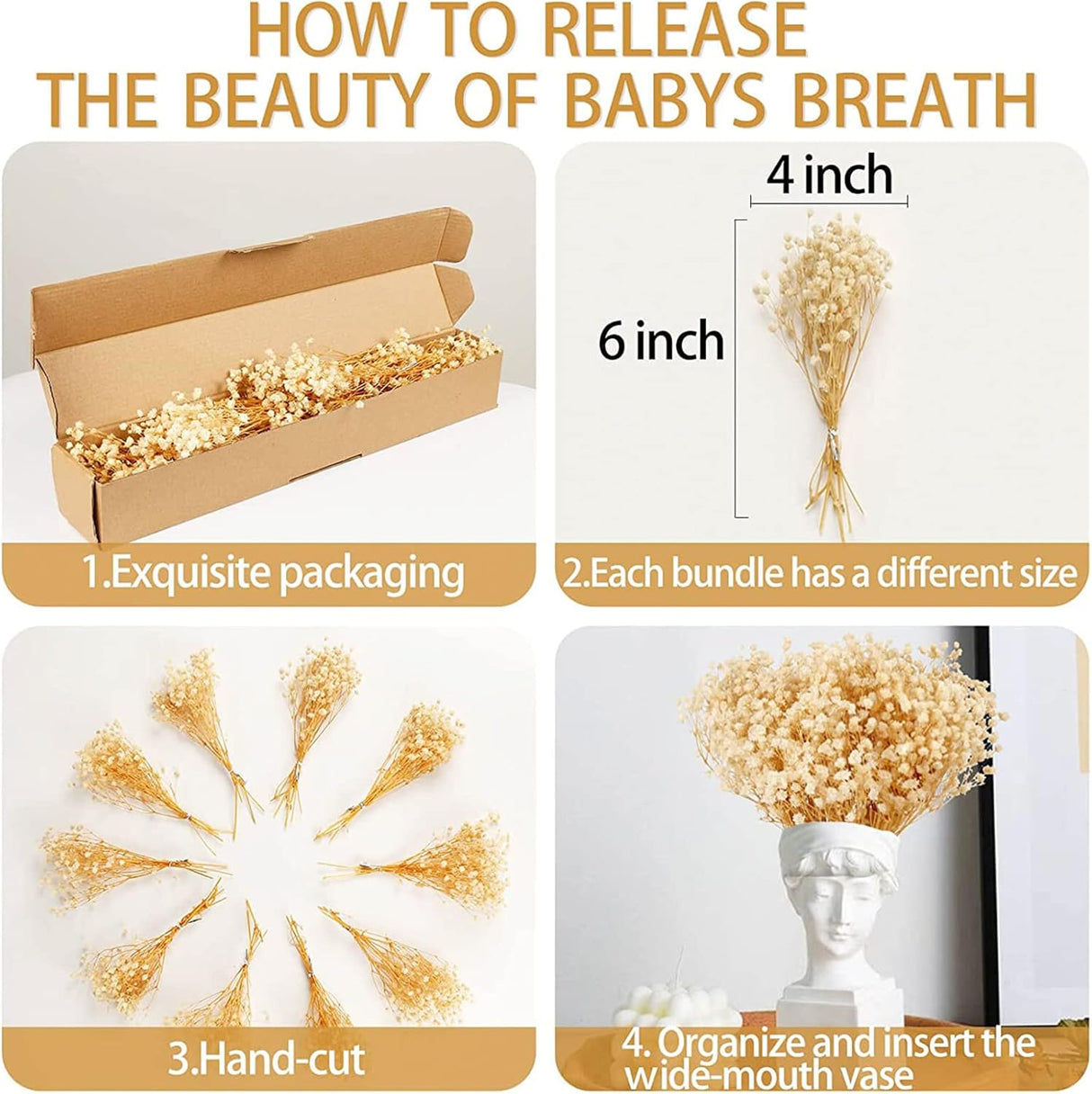 50Pcs Mini Dried Baby's Breath Flowers, 6'' Natural Ivory White Flowers for Resin Art Craft DIY, 3000+ Pressed Gypsophila Bouquet Present for Valentine's Day, Wedding Wreath, Card Making, Home Decor