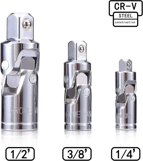 3PCS Universal Joint Socket Set, Chrome Vanadium Steel Swivel Socket Adapter Set, 1/4IN, 3/8IN, 1/2IN Drive Universal Joint Set