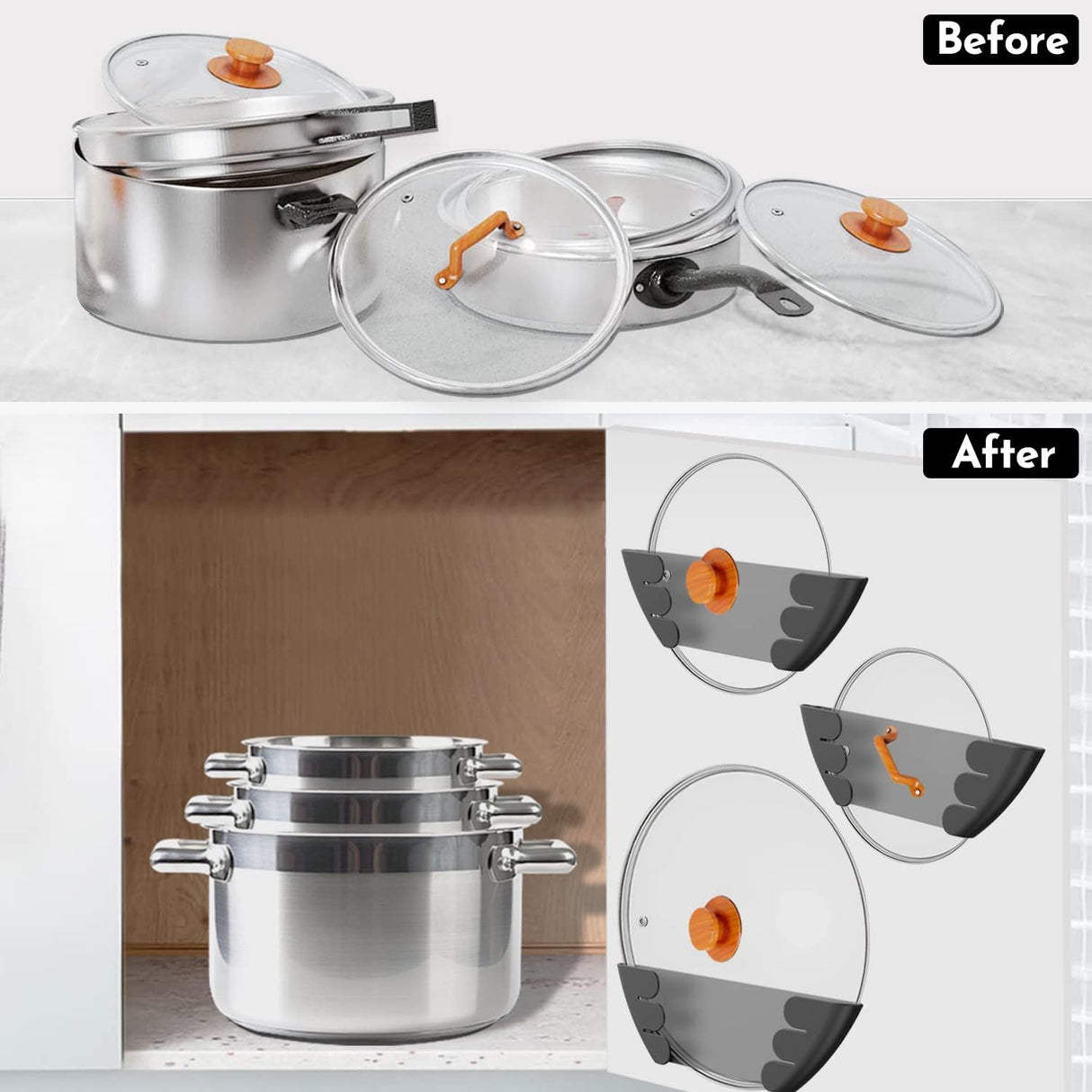 Universal Pot Lid Organizer for Cabinet - Upgraded Patented  6 Pack Pan Lids Organizers Inside Door Wall Mount Pots Top Storage Rack Holder Kitchen, Fits 6" to 13" (Black)