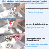 3-in-1 Kitchen Sink Drain Strainer Stopper, Upgraded Stainless Steel Sink Plug with Anti-Clog Filter Basket, Fits Standard 3-1/2 Inch Drain Hole, Pop Up Garbage Disposal Cover Food Catcher