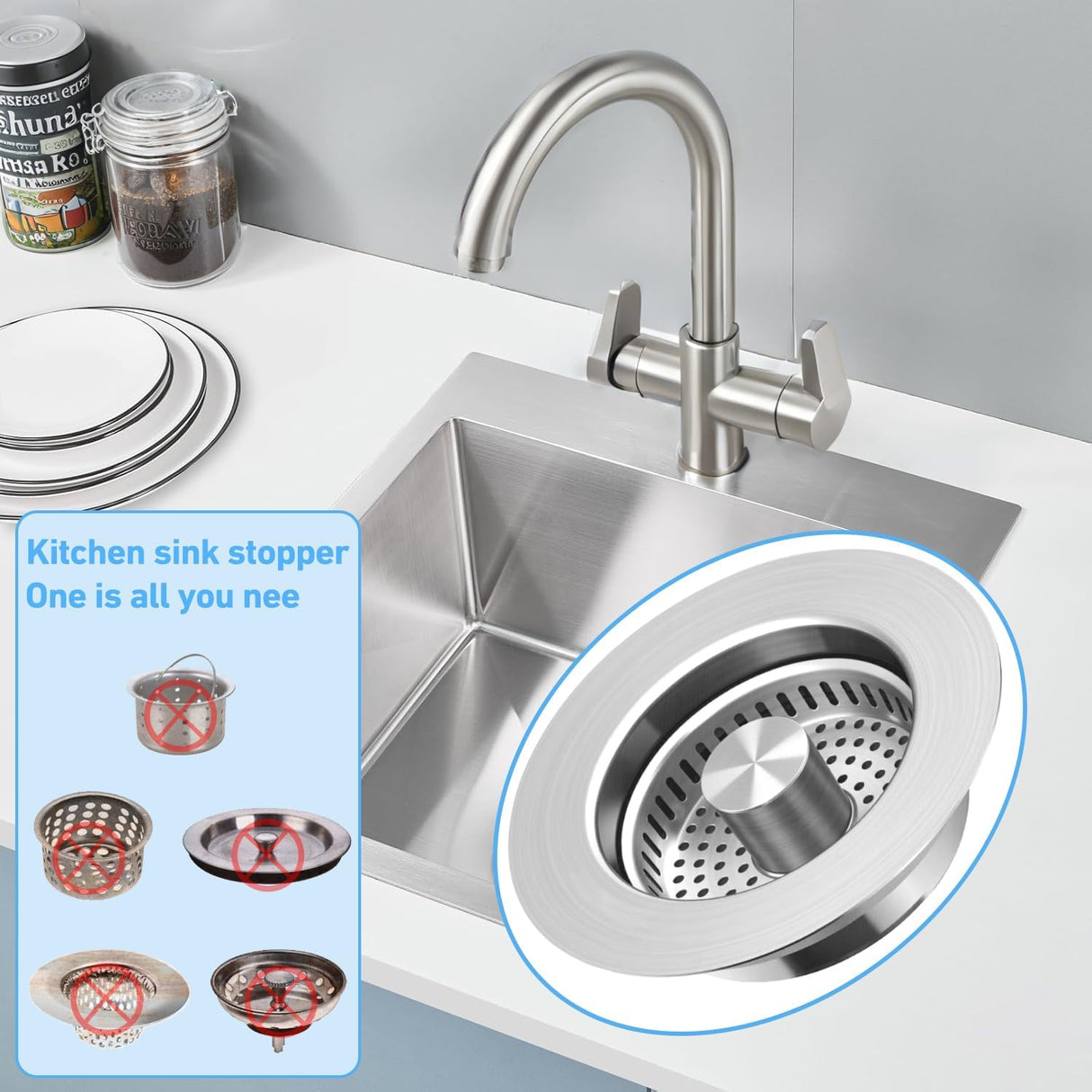 3-in-1 Kitchen Sink Drain Strainer Stopper, Upgraded Stainless Steel Sink Plug with Anti-Clog Filter Basket, Fits Standard 3-1/2 Inch Drain Hole, Pop Up Garbage Disposal Cover Food Catcher