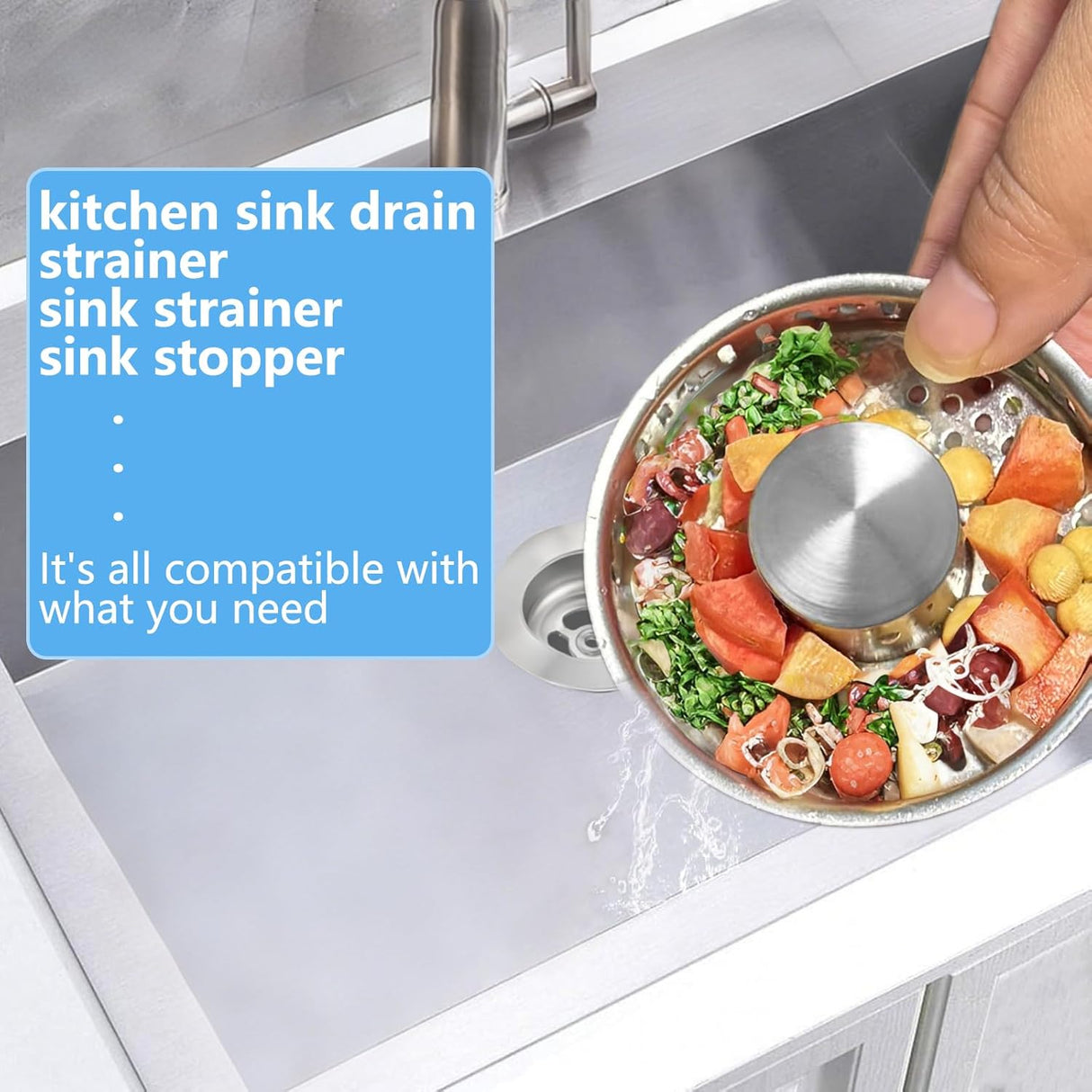 3-in-1 Kitchen Sink Drain Strainer Stopper, Upgraded Stainless Steel Sink Plug with Anti-Clog Filter Basket, Fits Standard 3-1/2 Inch Drain Hole, Pop Up Garbage Disposal Cover Food Catcher