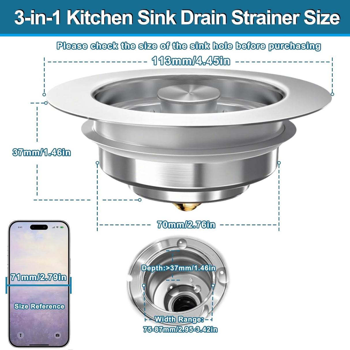 3-in-1 Kitchen Sink Drain Strainer Stopper, Upgraded Stainless Steel Sink Plug with Anti-Clog Filter Basket, Fits Standard 3-1/2 Inch Drain Hole, Pop Up Garbage Disposal Cover Food Catcher