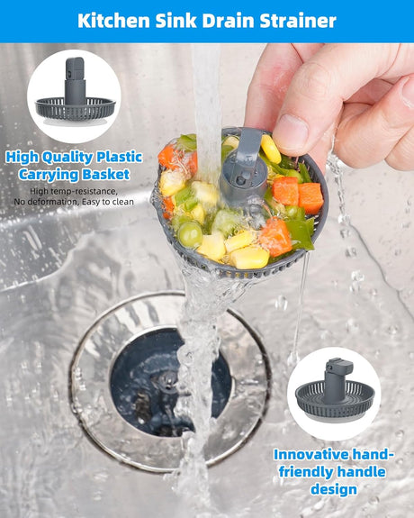 3 in 1 Kitchen Sink Drain Strainer and Stopper Combo, Chrome Stainless Steel Wraped Shell, Anti-Clogging Basket Strainer with Foldable Handle for US Standard 3-1/2" Drain