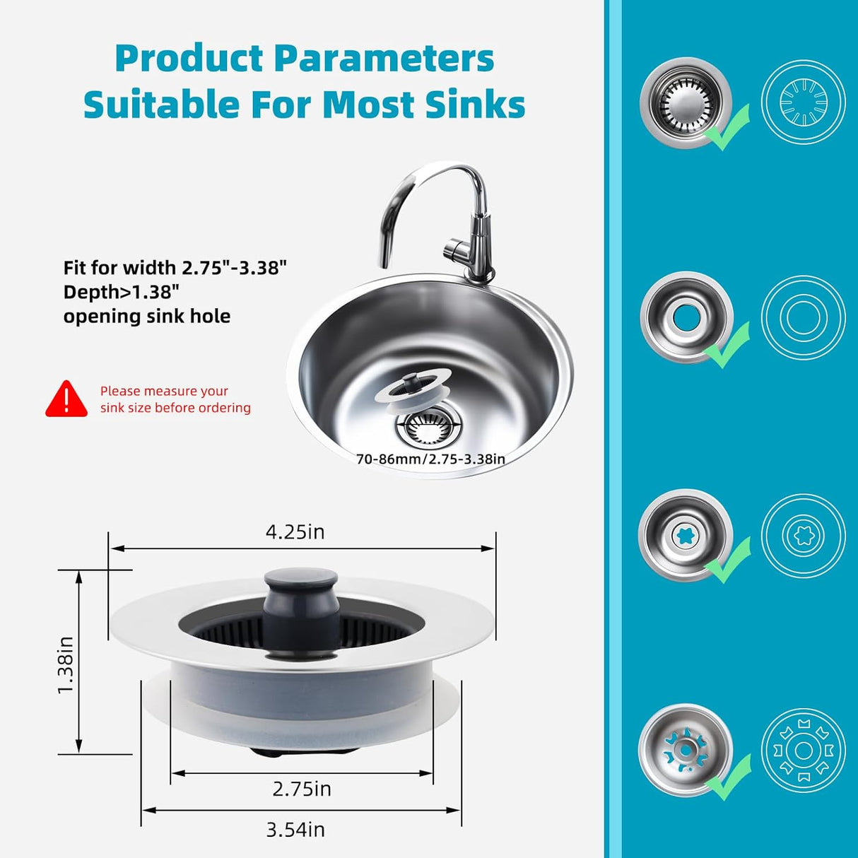 3 in 1 Kitchen Sink Drain Strainer, Stainless Steel Wrapped Shell Drain Stopper Combo, Pop Up Sink Stopper, Anti-Clogging Basket Strainer with Handle for US Standard 3-1/2" Drain