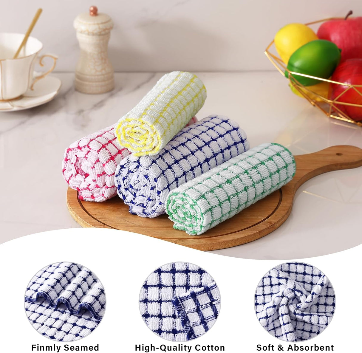 Kitchen Towels and Dishcloths Set, 16 x 25 and 12 x 12 Inches, Set of 8 Cotton Terry Kitchen Dish Towels, Super Soft and Absorbent Dish Cloths, Blue/Yellow/Red/Green